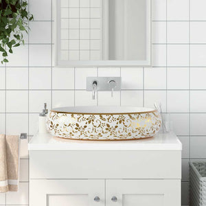 vidaXL Lavabo à poser ovale blanc et doré 59x40x15 cm en céramique