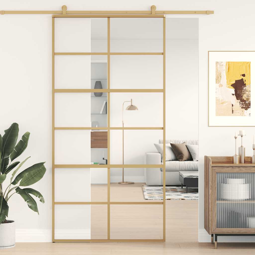 vidaXL Porte coulissante Dorée 102,5x205 cm en verre trempé transparent et aluminium