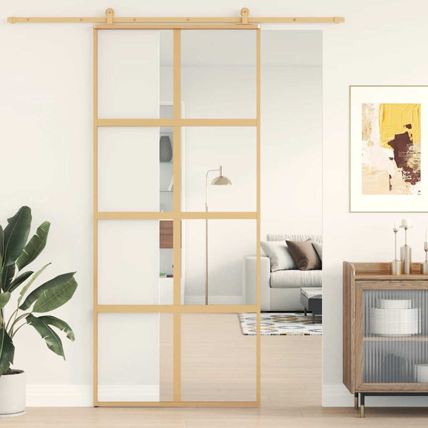 vidaXL Porte coulissante Doré 90x205 cm verre trempé transparent et aluminium