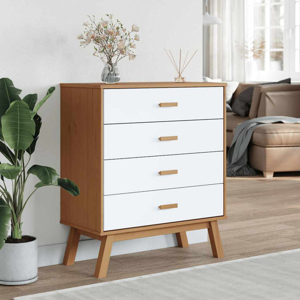 Schubladenschrank OLDEN Kiefer Massivholz Weiß/Braun