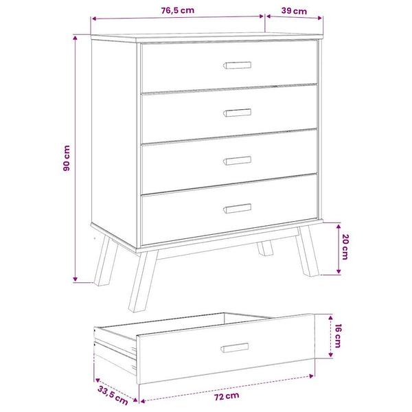 Schubladenschrank OLDEN Kiefer Massivholz Weiß/Braun