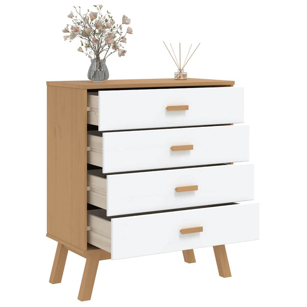 Schubladenschrank OLDEN Kiefer Massivholz Weiß/Braun