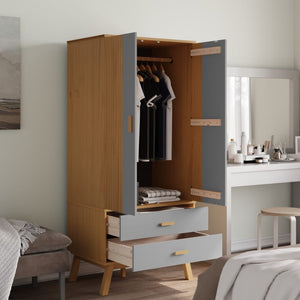 Kleiderschrank OLDEN Grau Braun Kiefer Massivholz