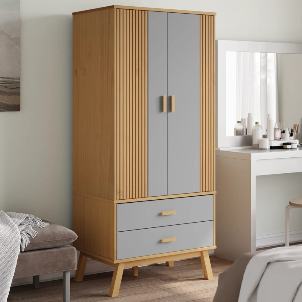 Kleiderschrank OLDEN Grau Braun Kiefer Massivholz