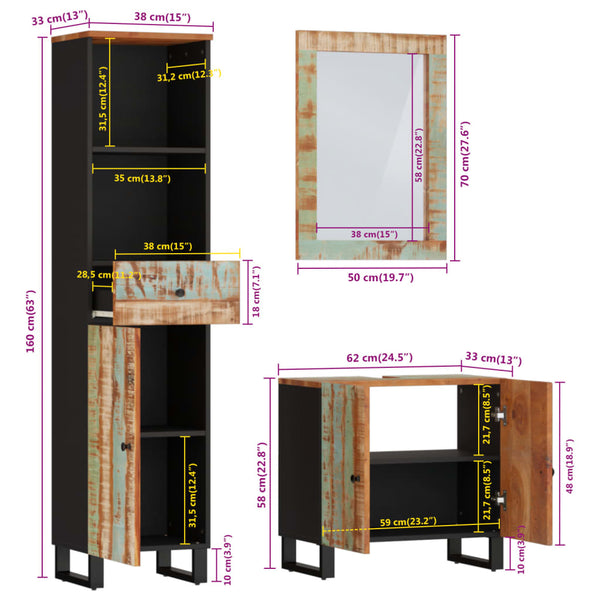 vidaXL 3-Piece Bathroom Furniture Set Solid Reclaimed Wood