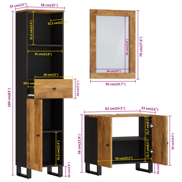 vidaXL 3-Piece Bathroom Furniture Set Solid Mango Wood