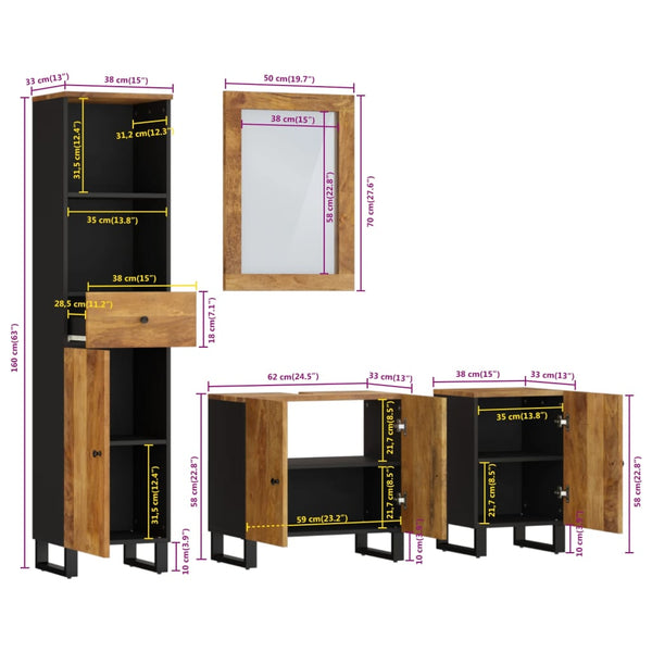 vidaXL 4-Piece Solid Mango Wood Bathroom Furniture Set