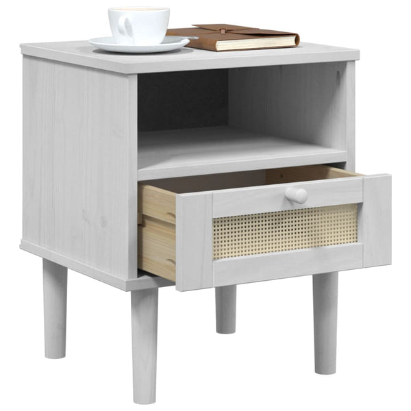 Nachttisch SENJA Rattan Weiß Kiefer Massivholz