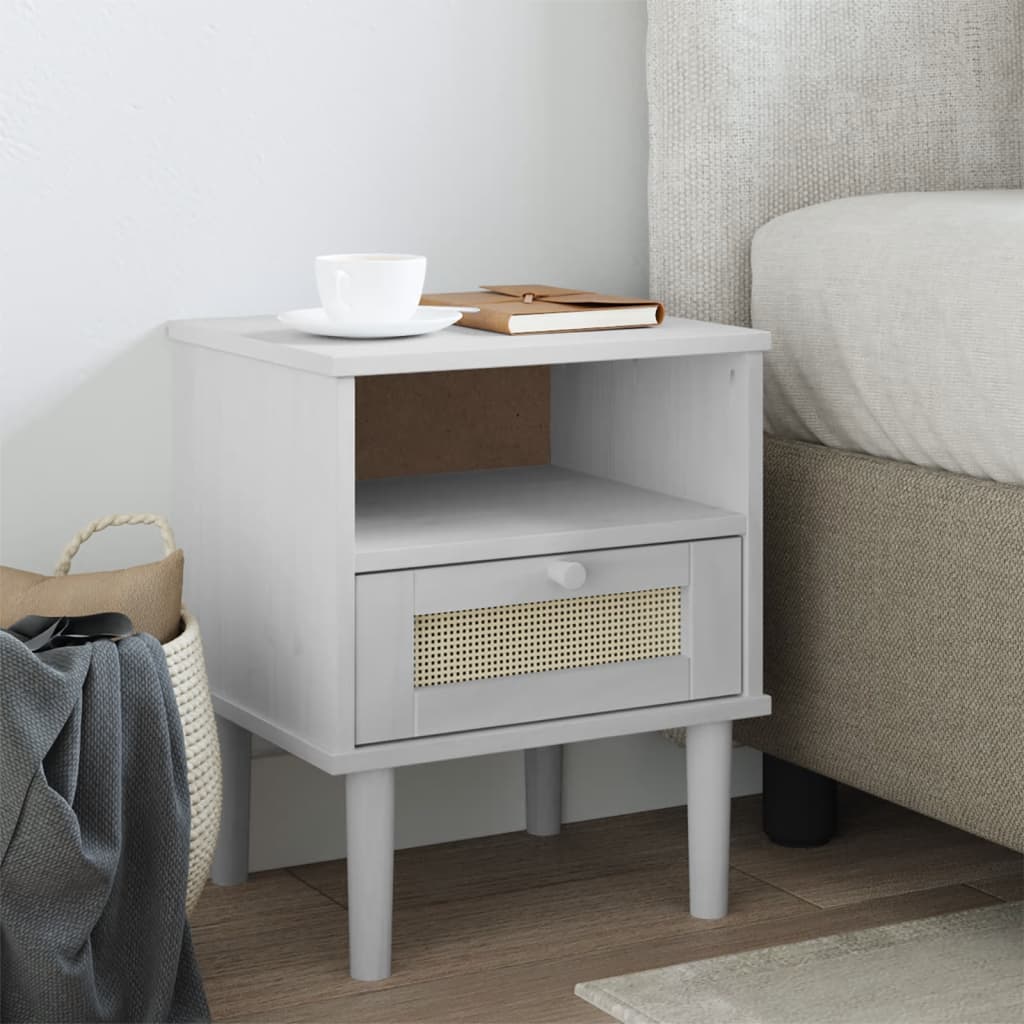 Nachttisch SENJA Rattan Weiß Kiefer Massivholz