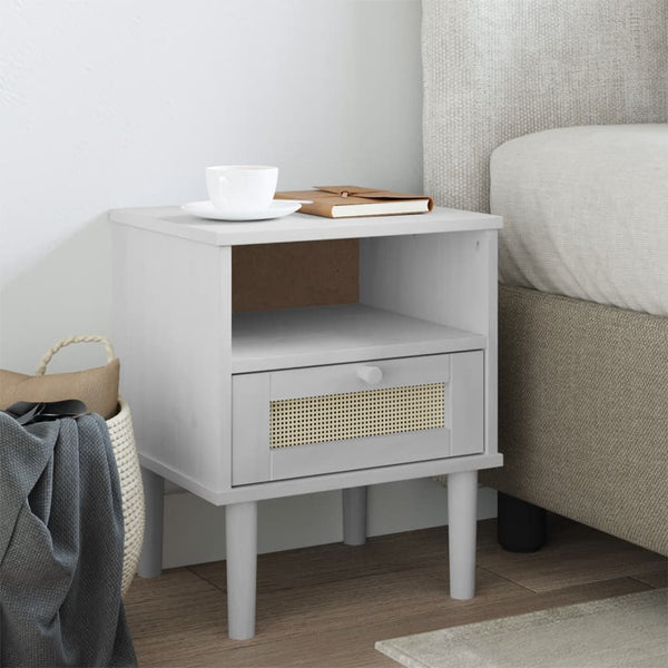 Nachttisch SENJA Rattan Weiß Kiefer Massivholz