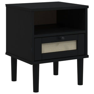 Nachttisch SENJA Rattan-Optik Schwarz Kiefer Massivholz