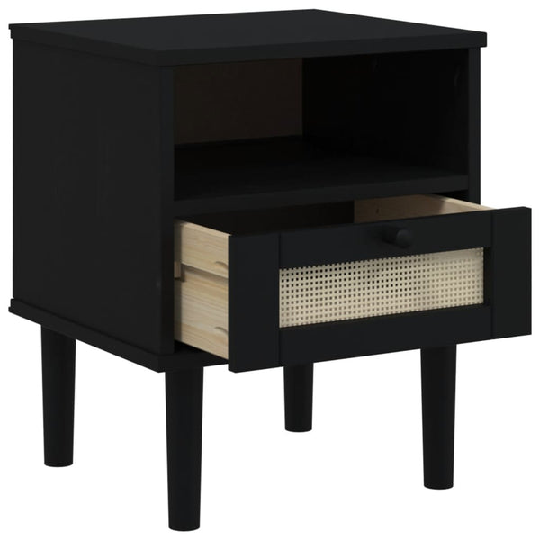 Nachttisch SENJA Rattan-Optik Schwarz Kiefer Massivholz
