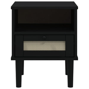 Nachttisch SENJA Rattan-Optik Schwarz Kiefer Massivholz