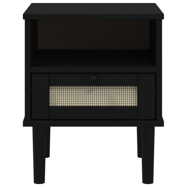 Nachttisch SENJA Rattan-Optik Schwarz Kiefer Massivholz
