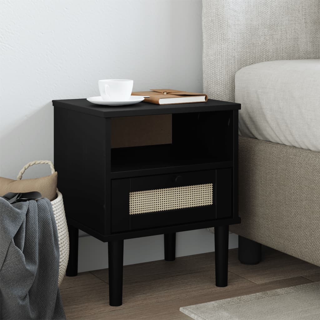 Nachttisch SENJA Rattan-Optik Schwarz Kiefer Massivholz