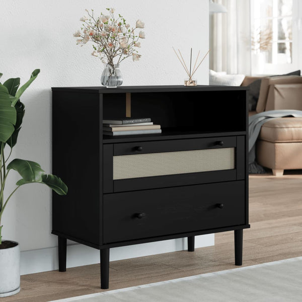 Schwarzes Rattan Sideboard 80cm Kiefernholz