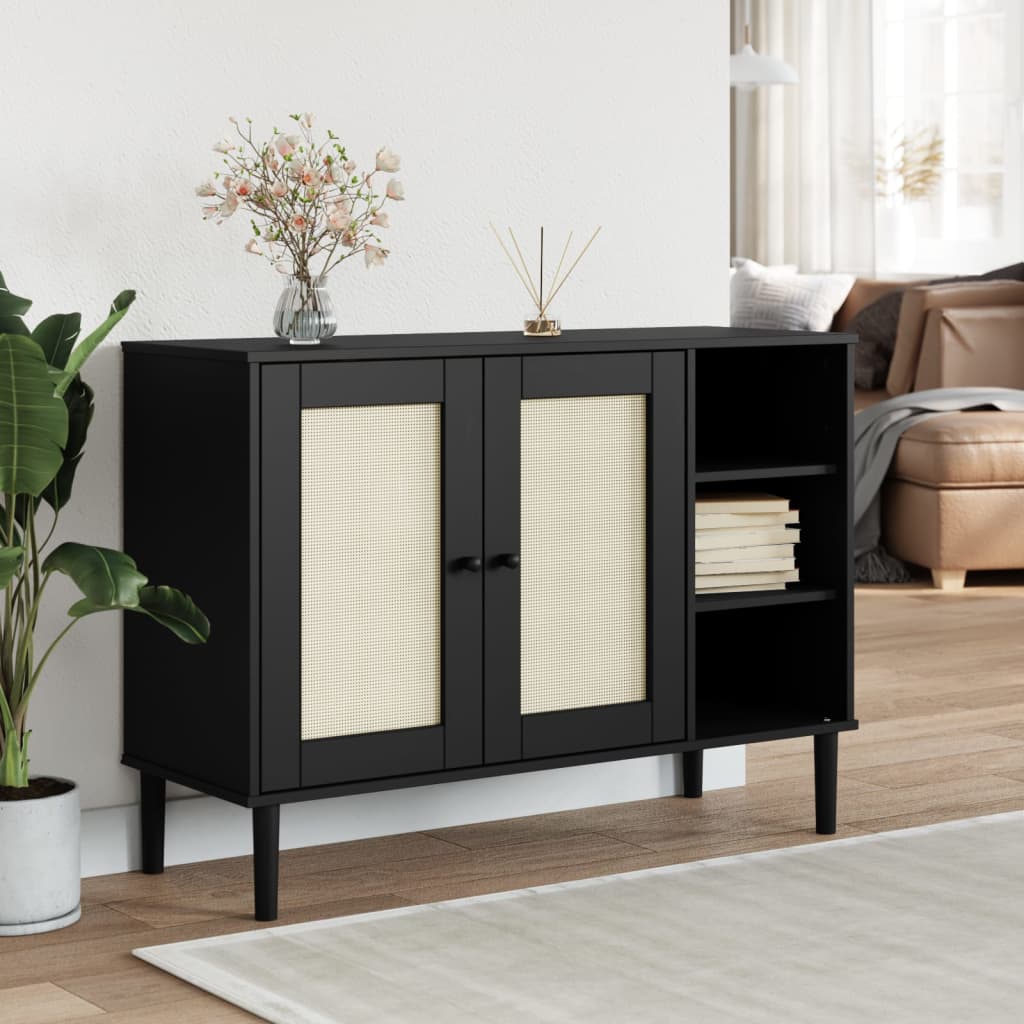 Sideboard SENJA Rattan Optik Schwarz Kiefer