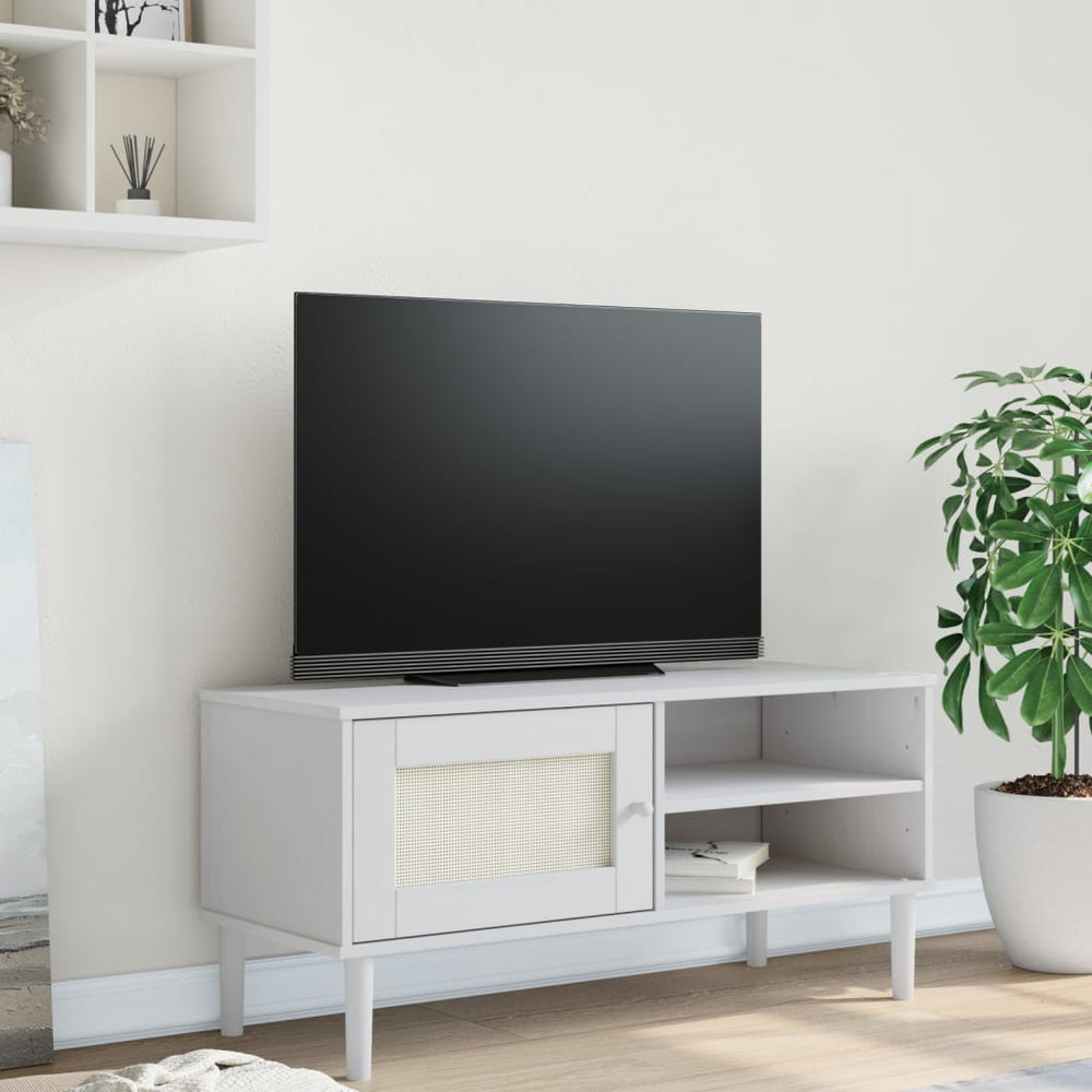 TV-Schrank Weiß Rattan-Optik Kiefernholz 106 cm