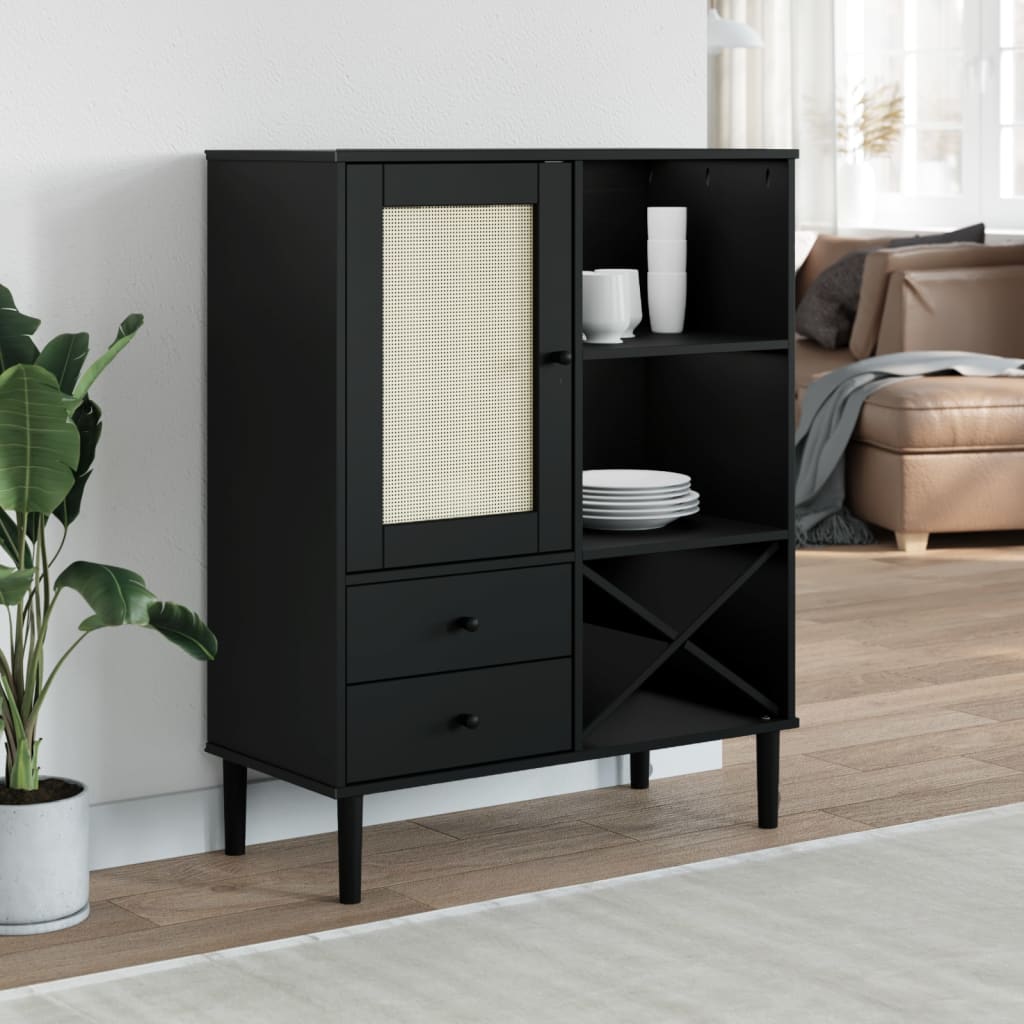 Highboard SENJA Rattan Optik Schwarz 90x40x112 cm