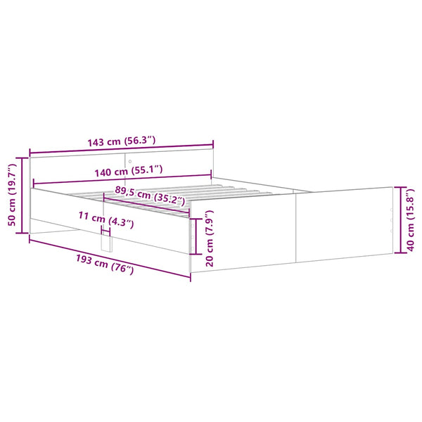Bettgestell 140x190 cm Grau Sonoma mit Kopf- und Fußteil