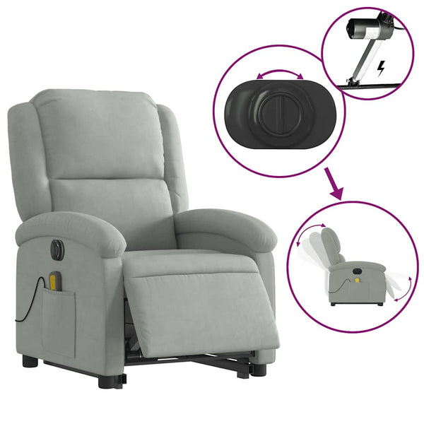 vidaXL Fauteuil de massage électrique avec fonction releveur Gris clair Velours