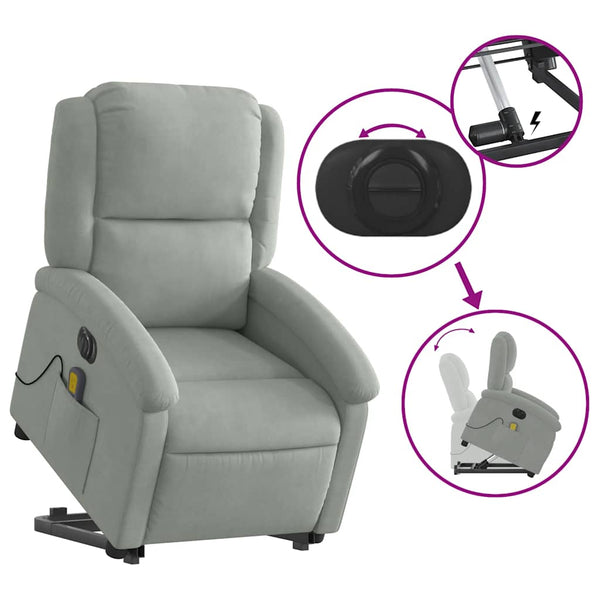 vidaXL Fauteuil de massage électrique avec fonction releveur Gris clair Velours