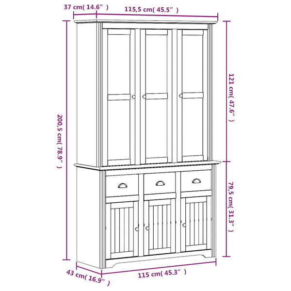 vidaXL Highboard BODO Blanc Marron 115,5x43x200,5 cm Pin Massif