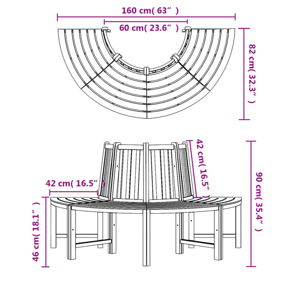 vidaXL Bancs d'arbre 2 pcs. Semi-circulaires Ø 160 cm Bois de teck massif