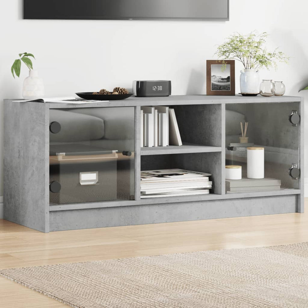 Betongrauer TV-Schrank mit Glastüren 102 cm