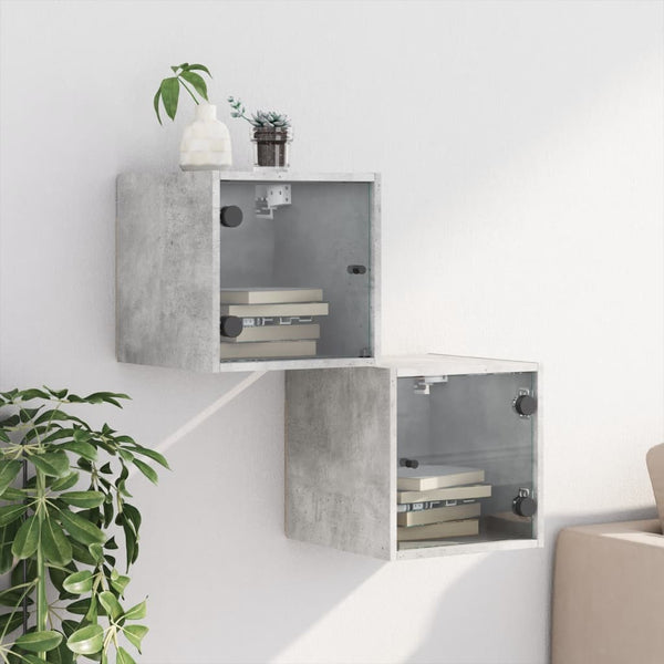 Betongraue Nachttische mit Glastüren, 2er-Set
