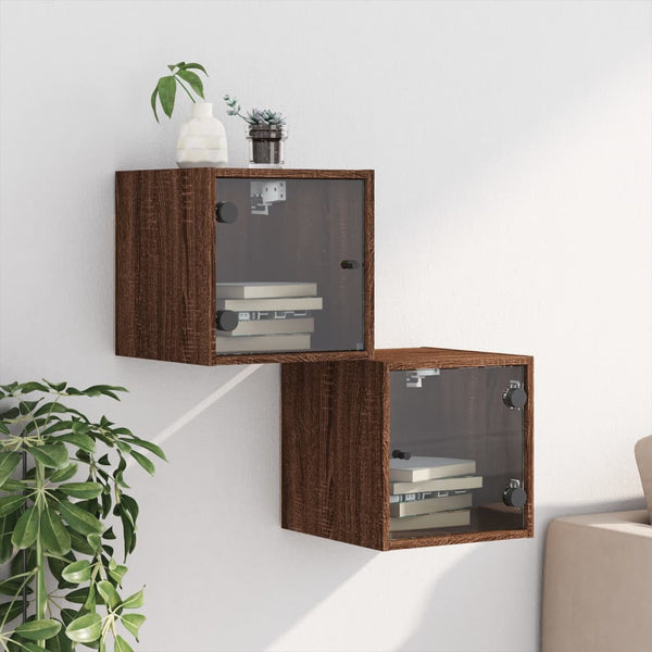 Nachttische mit Glastüren, 2er Set, Eichen-Optik
