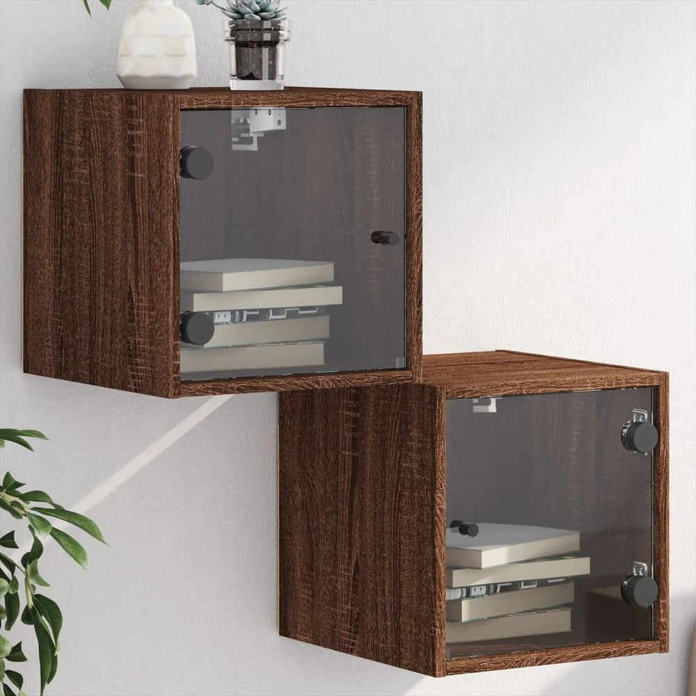 Nachttische mit Glastüren, 2er Set, Eichen-Optik