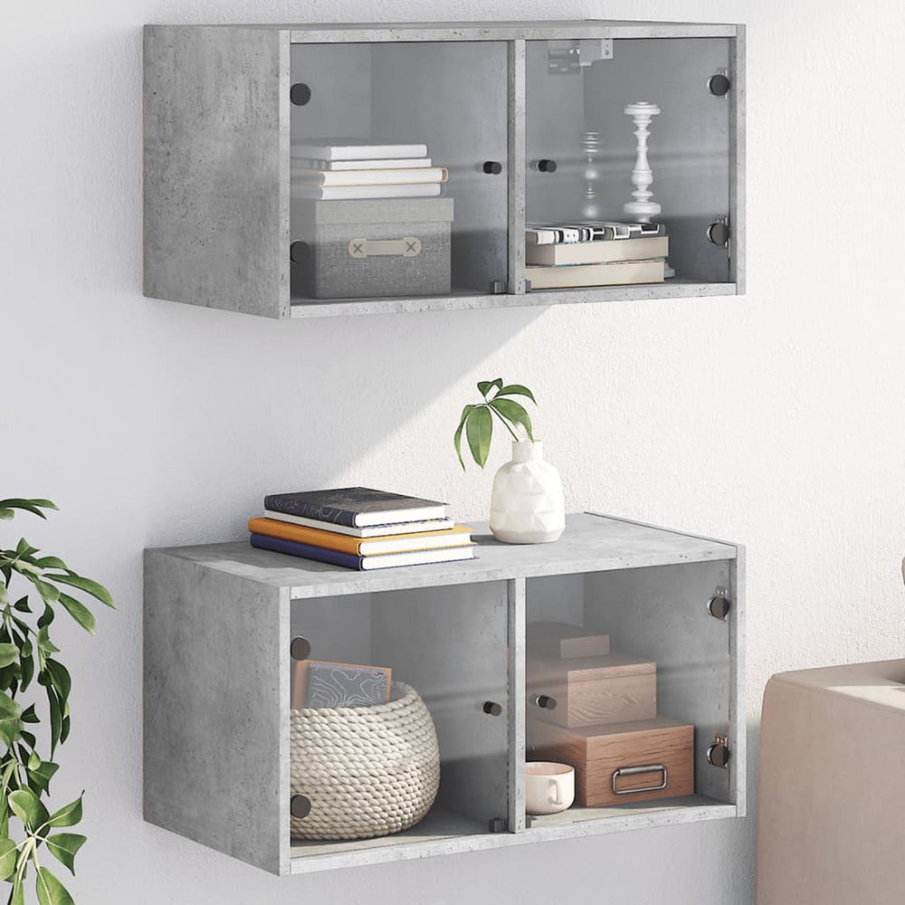 Wandschränke mit Glastüren, 2er Set, Betongrau