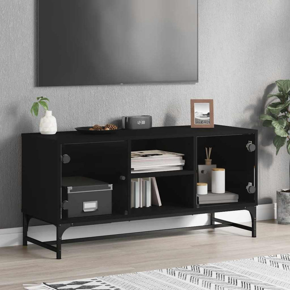 Schwarzer TV-Schrank mit Glastüren 102 cm