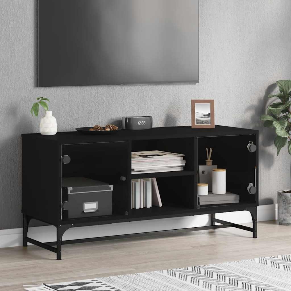 Schwarzer TV-Schrank mit Glastüren 102 cm