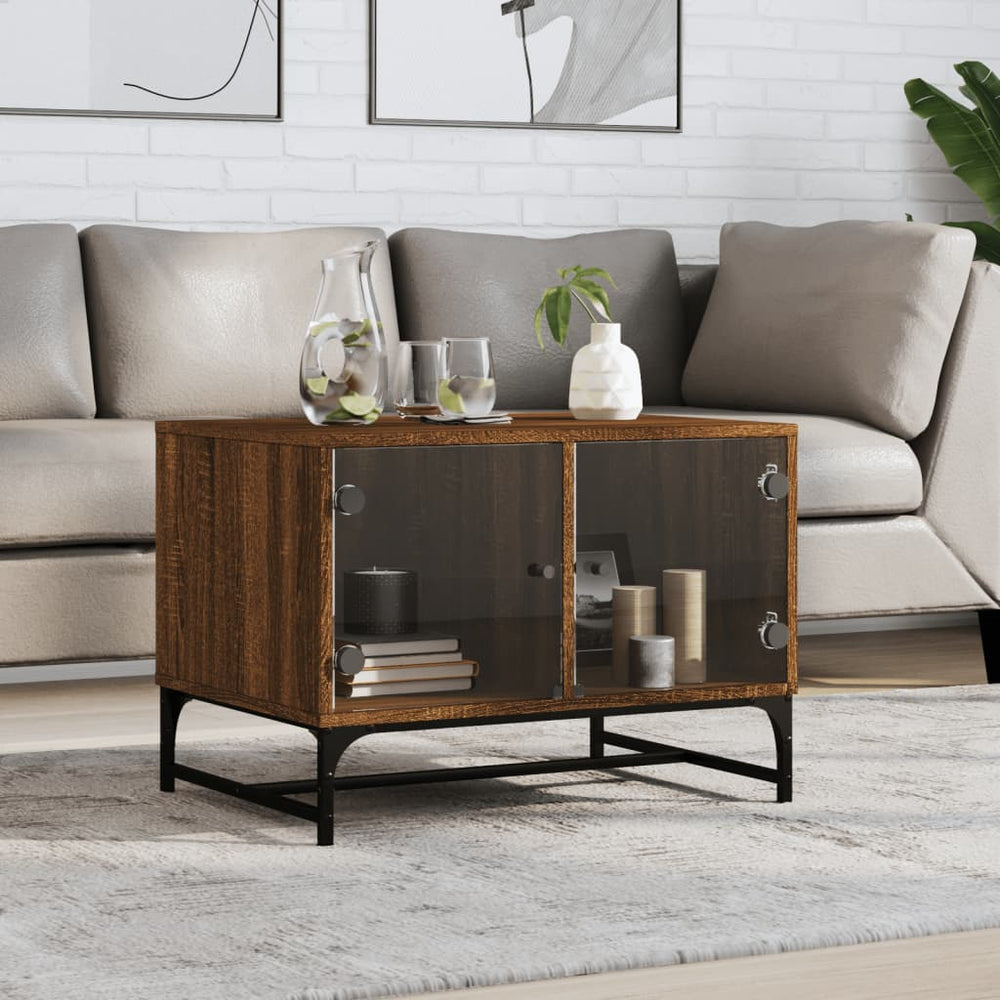 vidaXL Coffee Table with Glass Doors Brown Oak Effect 68.5x50x50 cm