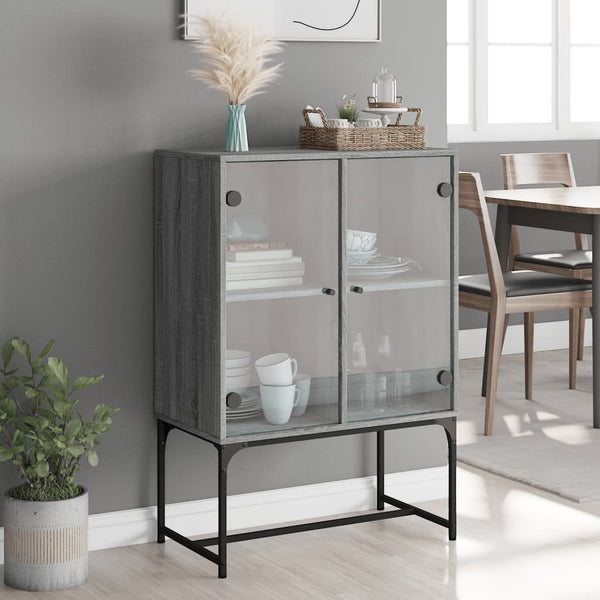 Grauer Beistellschrank mit Glastüren 69x37x100 cm