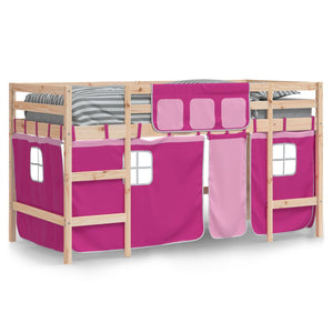 vidaXL Lit surélevé enfant avec rideaux Rose 90x190 cm Bois de pin massif
