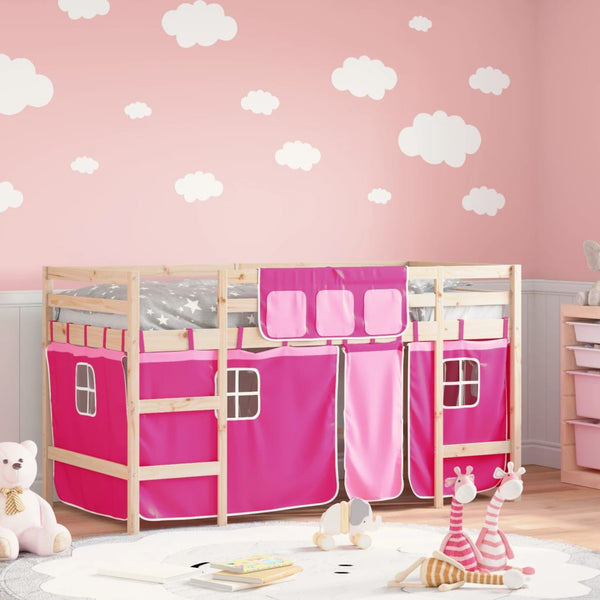 vidaXL Lit surélevé enfant avec rideaux Rose 90x190 cm Bois de pin massif
