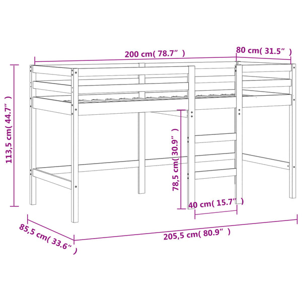 Kinder Hochbett Schwarz 80x200 cm Kieferholz