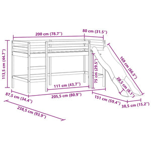 Kinder Hochbett mit Rutsche 80x200 cm Kiefer Schwarz