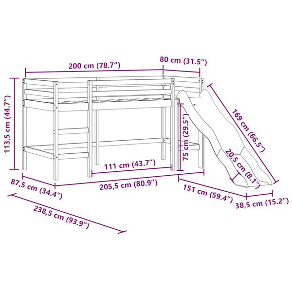 Kinder Hochbett mit Rutsche 80x200 cm Kiefer Schwarz