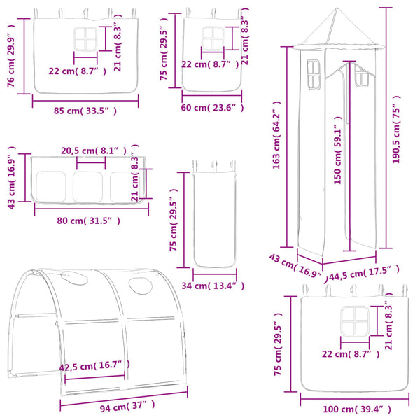 vidaXL Rideaux pour lit mezzanine avec tunnel et tour Blanc et noir