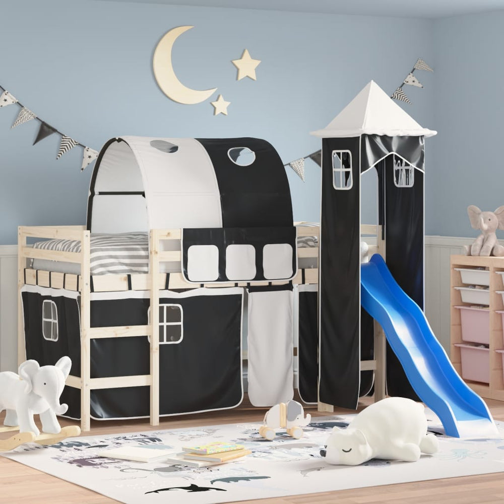 vidaXL Rideaux pour lit mezzanine avec tunnel et tour Blanc et noir
