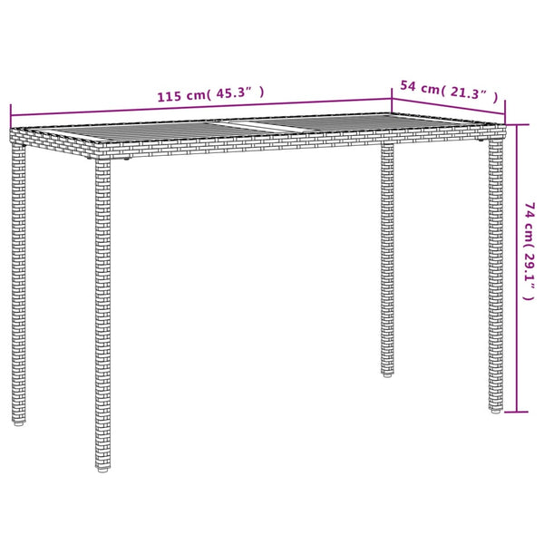 Grauer Gartentisch Akazienholz 115x54cm Poly Rattan