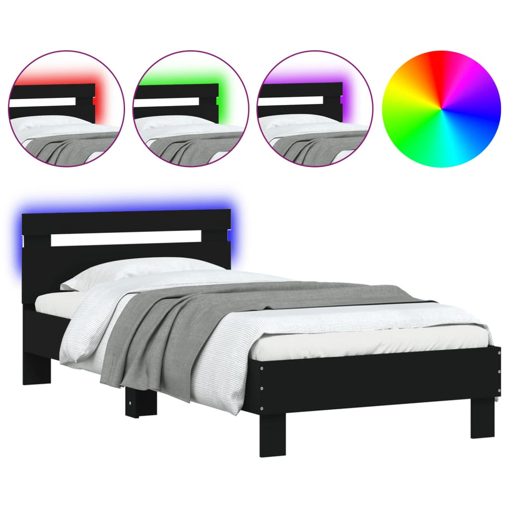 vidaXL Cadre de lit avec tête de lit et lumières LED Noir 90x200 cm