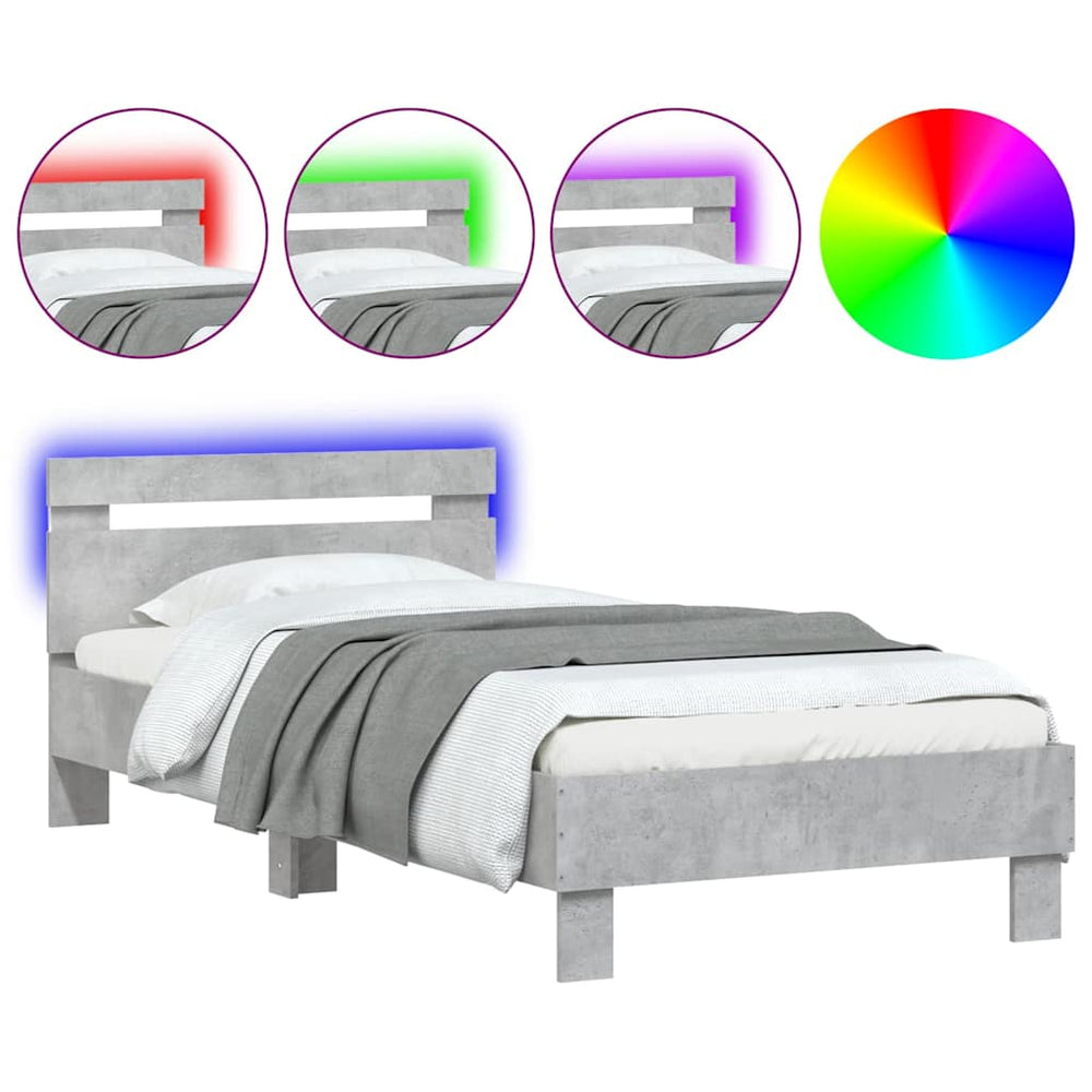 vidaXL Cadre de lit avec tête de lit et lumières LED Gris béton 90x190 cm
