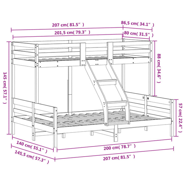 Etagenbett Kiefer 80x200 & 140x200 cm Wachsbraun
