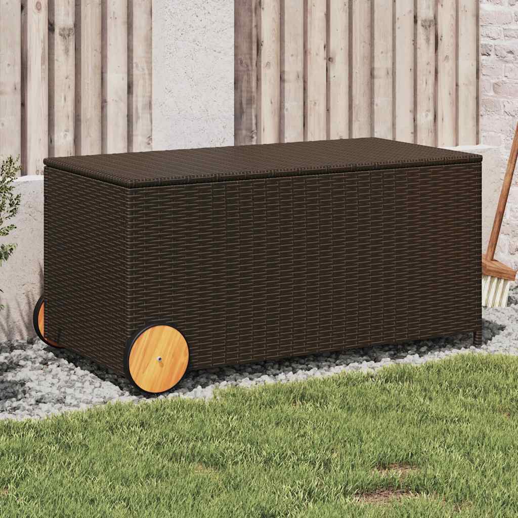 Gartentruhe Braun 190L Poly Rattan mit Rollen