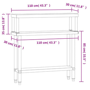 vidaXL Table de travail de cuisine avec plateau surélevé 110x30x120 cm Acier inoxydable
